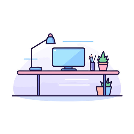 Vector of a modern workspace with a computer and a touch of natureのイラスト素材