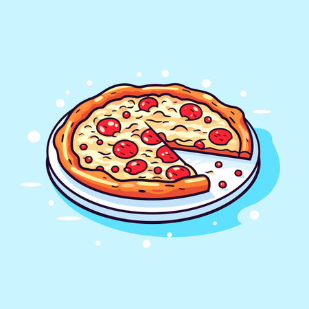 Vector of a delicious pizza on a plate with a vibrant blue backgroundの素材