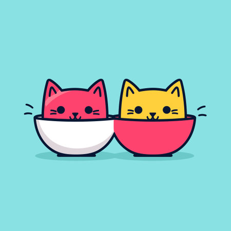 Vector of two cats sitting in a bowl on a blue backgroundのイラスト素材