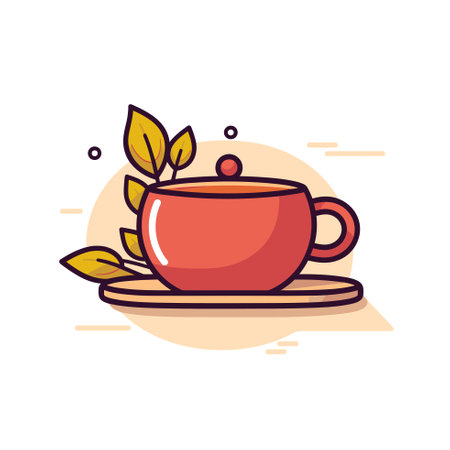 Vector of a cup of tea with a leaf on a saucer, perfect for a relaxing afternoonのイラスト素材