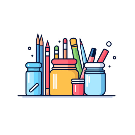 Vector of a colorful assortment of pencils and markers on a tableのイラスト素材