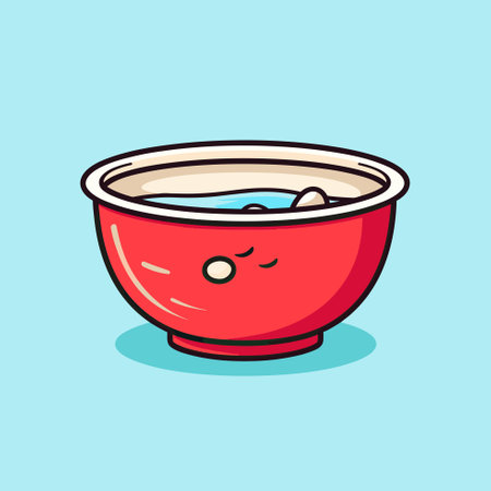 Vector of a red bowl with a whimsical face drawn on it, creating a playful and charming iconのイラスト素材