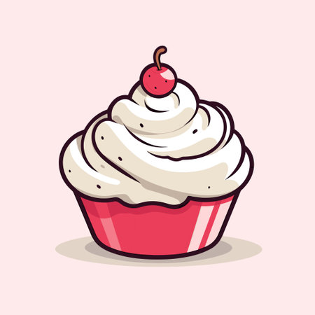 Vector of a delicious cupcake with white frosting and a cherry on top