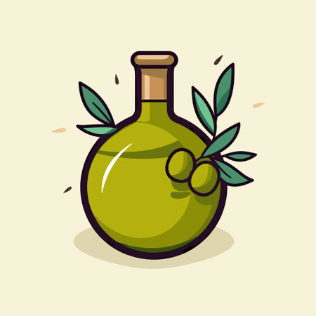 Vector of a bottle of olive oil with fresh olives on a white backgroundのイラスト素材