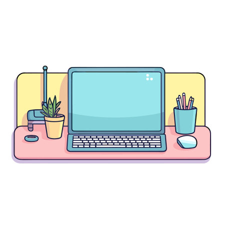 Vector of a laptop computer on a desk, representing modern technology and productivityのイラスト素材
