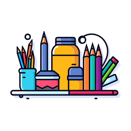 Vector of colorful pencils and markers neatly arranged on a shelfのイラスト素材