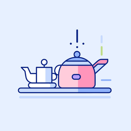 Vector of a kettle and teapot on a plate icon, line vector illustrationのイラスト素材