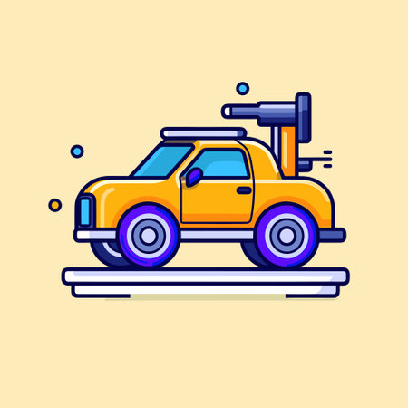 Vector of a vibrant yellow car cruising past a traffic light on a busy streetのイラスト素材