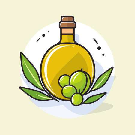 Vector of a bottle of olive oil and fresh green leaves, perfect for cooking and adding flavor to your dishesのイラスト素材