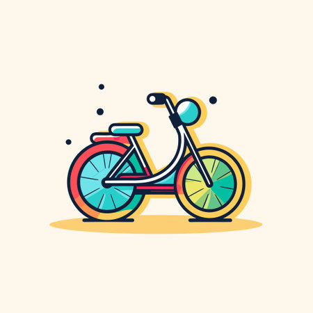 Vector of a vibrant, icon-style vector illustration of a bicycle with a basket and colorful wheelsのイラスト素材