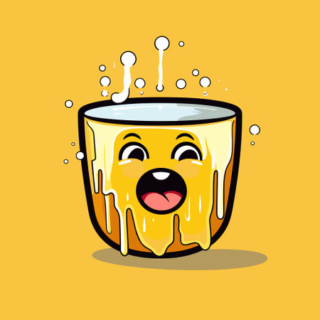 Vector of a yellow cartoon mug with a surprised face on a yellow backgroundのイラスト素材