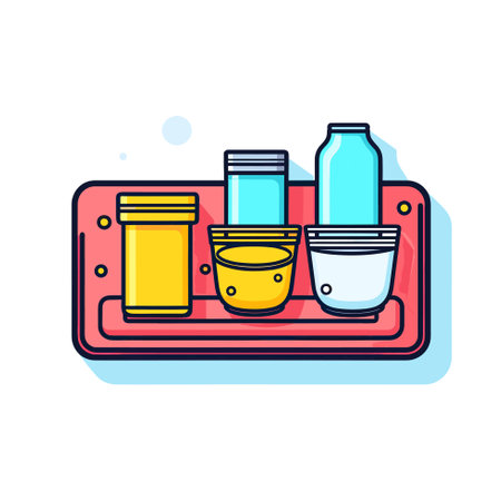 Vector of a colorful tray filled with a variety of bowls and bottles of liquidのイラスト素材