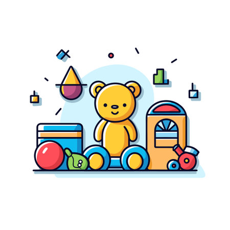 Vector of a cute teddy bear sitting on a colorful pile of toysのイラスト素材