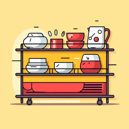 Vector of colorful dishes and cups neatly arranged on a yellow shelfのイラスト素材