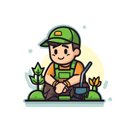 Vector of a man sitting on the ground and sweeping with a broomのイラスト素材