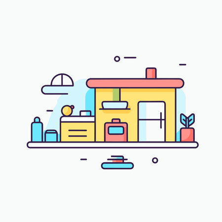 Vector of a house with a chimney and a plant on a shelfのイラスト素材
