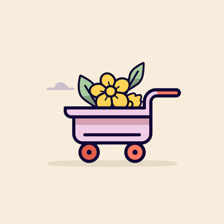 Vector of a small cart filled with yellow flowers - icon vector illustrationのイラスト素材