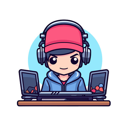 Vector of a person working with headphones and using a laptopのイラスト素材