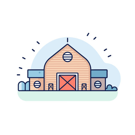 Vector of an illustrated barn with a vibrant red door in a flat icon styleのイラスト素材
