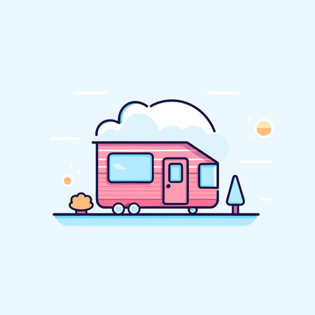 Vector of a pink trailer parked in front of a blue skyのイラスト素材