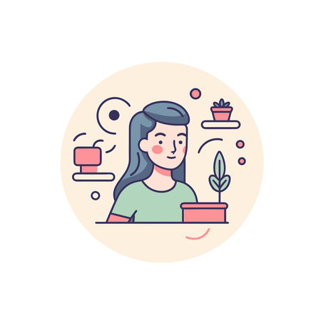 Vector of a woman sitting at a table with a potted plantのイラスト素材