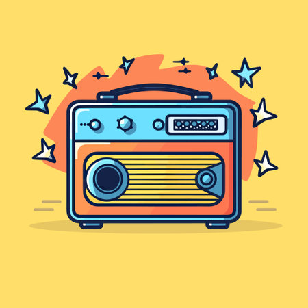 Vector of a yellow background with a radio icon surrounded by starsのイラスト素材