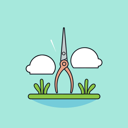 Vector of a pair of scissors cutting grass with clouds in the backgroundのイラスト素材