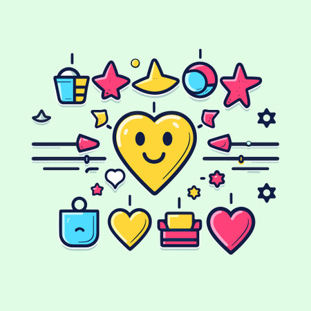 Vector of a cute cartoon heart surrounded by various icons and vectorsのイラスト素材