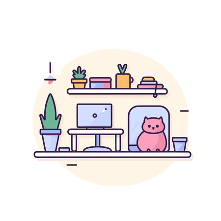Vector of a cat sitting on a shelf in front of a computerのイラスト素材