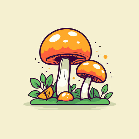 Vector of two mushrooms on a vibrant green fieldのイラスト素材