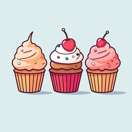 Vector of three delicious cupcakes with a variety of mouthwatering toppingsのイラスト素材
