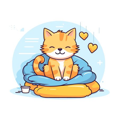 Vector of a cute cat enjoying a cozy morning with a cup of coffee on a soft pillowのイラスト素材