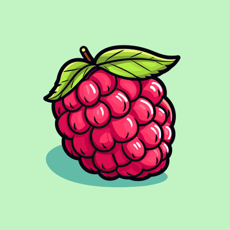 Vector of a fresh raspberry with a leaf on a vibrant green background