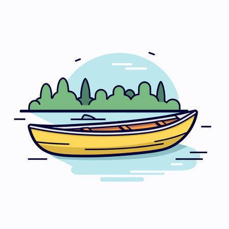 Vector of a yellow boat floating on a calm lake with a beautiful mountain backdropのイラスト素材