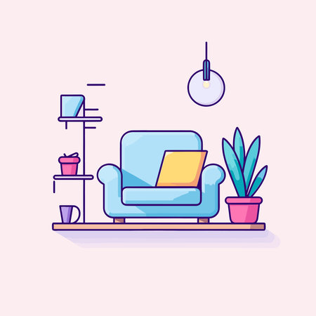 Vector a modern living room with a vibrant blue couch and a fresh touch of nature from a potted plantのイラスト素材