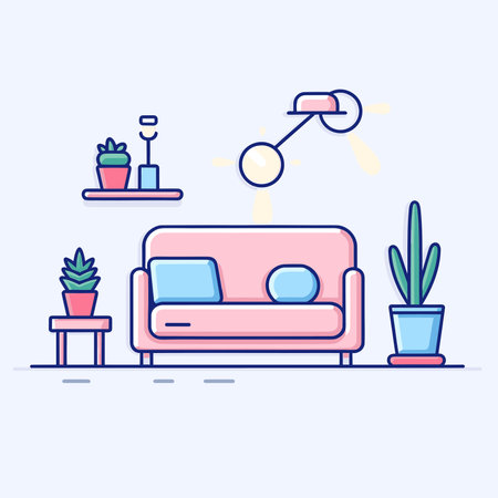 Vector of a pink couch and potted plant in a cozy living roomのイラスト素材