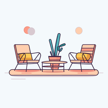 Vector two chairs and a table with a potted plant in a minimalist interior settingのイラスト素材