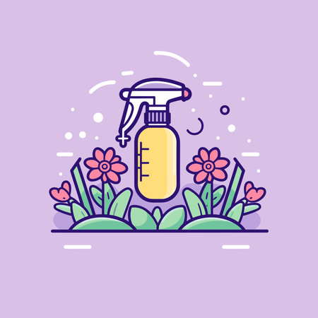 Vector of a yellow spray bottle with a pink flower icon in flat vector styleのイラスト素材