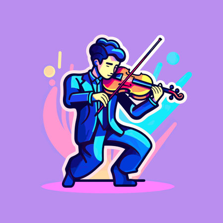 Vector of a man playing the violin against a vibrant purple backdropのイラスト素材