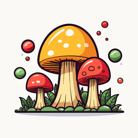 Vector of a group of vibrant mushrooms in a picturesque green fieldのイラスト素材