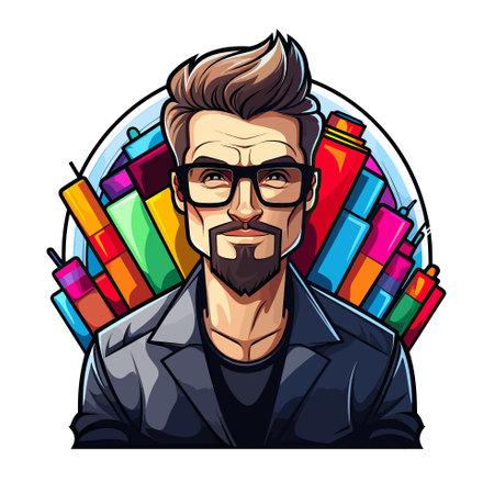 Vector of a bearded man with glasses standing against a vibrant background
