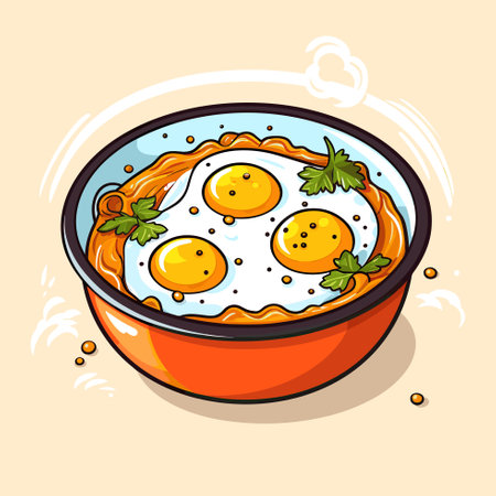 Vector of a delicious breakfast bowl with three perfectly fried eggsのイラスト素材