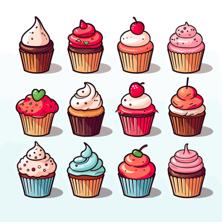 Vector of a colorful assortment of cupcakes with various toppings and decorations