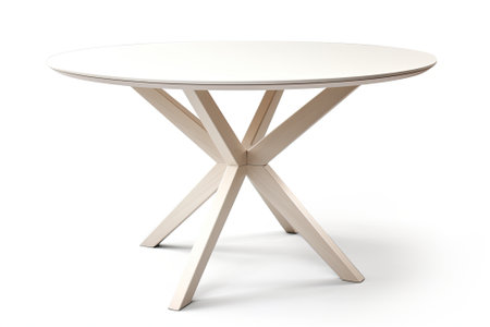 Contemporary circular dining table made of white wood. Isolated on white. Furniture collection.の素材