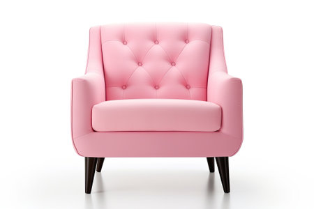 Pink club chair isolated on white, mid back armchair with tufted button accents, black wood legs, modern upholstered lounge chair.の素材