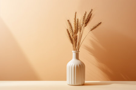 Vintage bottle featuring dried wheat or rye stalk, set against pastel beige background. Minimalistic interior decor idea.の素材