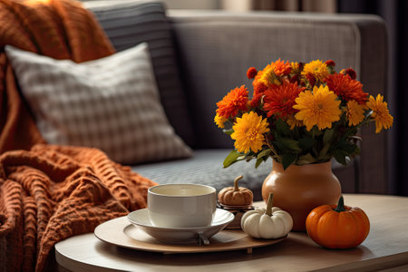 Autumn inspired home ambience with cozy elements; blanket, pumpkins, flowers, and tea on the coffee table indoors.の素材