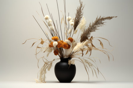 3D visual of dried flowers in black vase with reeds on white surface.の素材