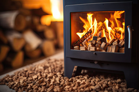 vertical photo of wood stove with pellets for fireplaceの素材