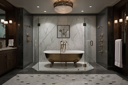 Description of a spacious white marble and mosaic shower with a dark brass shower head and three handles, accompanied by a modern freestanding tub.の素材